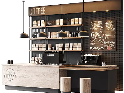 Modern Coffee Shop Interior With Wooden Counter Coffee Machines Chalkboard Menu And Hanging Lights 3d model
