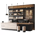 Modern Coffee Shop Interior With Wooden Counter Coffee Machines Chalkboard Menu And Hanging Lights