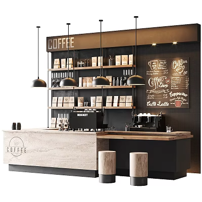 Modern Coffee Shop Interior With Wooden Counter Coffee Machines Chalkboard Menu And Hanging Lights 3d model