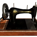 Vintage Industrial Sewing Machine Featuring Black Metal Components Wooden Base And Golden Decorative Patterns