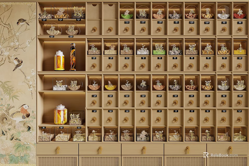 Traditional Chinese Medicine Cabinet With Multiple Drawers And Herbal Medicine Jars 3d model 
