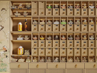 Traditional Chinese Medicine Cabinet With Multiple Drawers And Herbal Medicine Jars 3d model