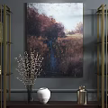 Stylish Entryway Cabinet And Side Cabinet With Gold Frame Decorative Vases Artwork And Chairs