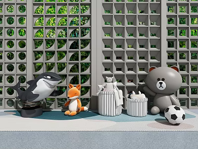 Cute Stuffed Shark Fox Bear Dolls With Soccer Ball Near Grid Wall And Green Plants 3d model