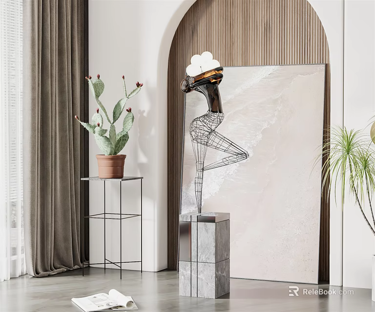 Modern Wireframe Human Figure Sculpture With White Top On Marble Pedestal And Indoor Green Plants 3d model 