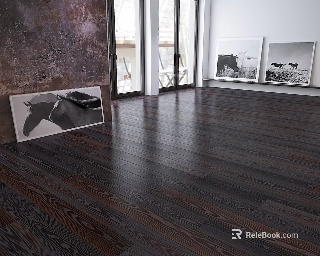 Dark Wooden Flooring With Natural Grain Texture Sunlight From Windows And Black White Horse Artworks 3d model 