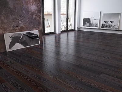 Dark Wooden Flooring With Natural Grain Texture Sunlight From Windows And Black White Horse Artworks 3d model