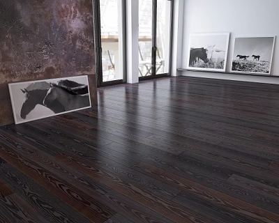 Dark Wooden Flooring With Natural Grain Texture Sunlight From Windows And Black White Horse Artworks 3d model