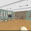 Kindergarten Interior with Green Walls Wooden Floors Curved Desk Tables Chairs and Decorative Paintings