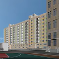 Light Yellow Multi Story School Building With Basketball Court And Blue Sky
