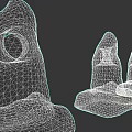 Three Unique Stone Sculptures Featuring Green Gemstone Eyes And Cracked Texture
