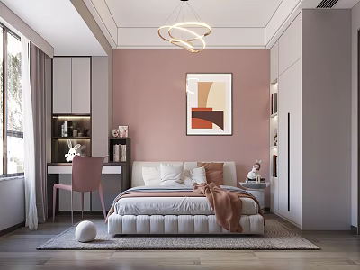 Modern Bedroom Interior With Pink Wall Circular Chandelier White Bed Abstract Artwork Desk And Chair 3d model