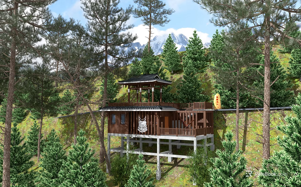 Scenic Mountain Road Facilities Featuring Wooden Pavilion Among Pine Trees And Snow-Capped Mountains 3d model 