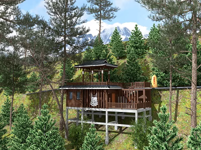 Scenic Mountain Road Facilities Featuring Wooden Pavilion Among Pine Trees And Snow-Capped Mountains 3d model
