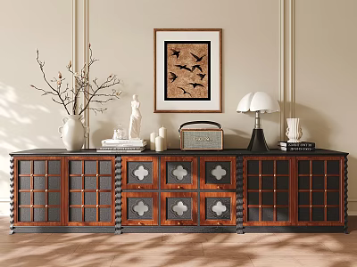 Traditional Wooden TV Stand With Decorative Drawers Vase Sculpture And Wall Art 3d model