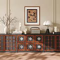Traditional Wooden TV Stand With Decorative Drawers Vase Sculpture And Wall Art