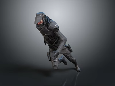 Sci Fi Tactical Figure Wearing Black Suit And Helmet Running In Gray Background 3d model
