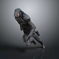 Sci Fi Tactical Figure Wearing Black Suit And Helmet Running In Gray Background