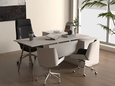 Contemporary Office Desk With Black And White Chairs Coffee Cup Books And Plant By Window 3d model