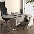 Contemporary Office Desk With Black And White Chairs Coffee Cup Books And Plant By Window