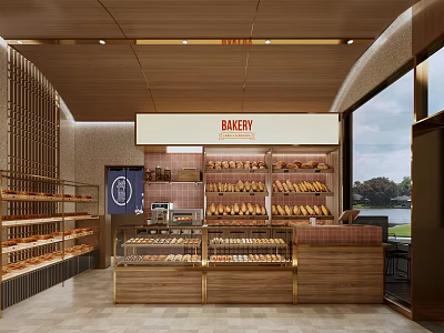 Bakery Interior Design With Wooden Shelves Fresh Bread Display Glass Counter And Natural Light 3d model