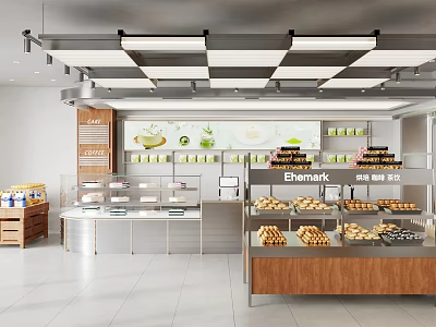 Modern Dessert Shop Interior With Glass Display Cases And Assorted Fresh Pastries 3d model