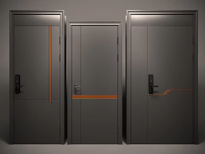 Modern Gray Security Doors With Orange Decorative Strips And Sleek Lock Design 3d model