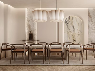 Modern Private Dining Room Interior With Long Wooden Table Pendant Lights And Marble Arched Walls 3d model