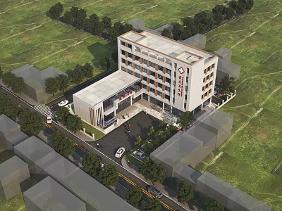 Modern Multi Storey Hospital Building Exterior With Trees Road Vehicles And Entrance Area 3d model