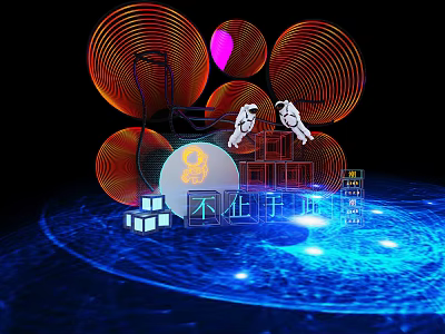 Colorful Abstract Composition With Red Orange Spiral Circles Pink Circle White Silhouettes And Blue Ripple 3d model