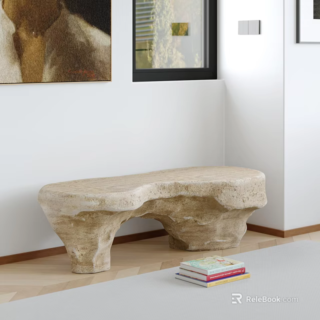 Unique Indoor Stone Stool With Organic Shape By White Wall Window And Stacked Books 3d model 