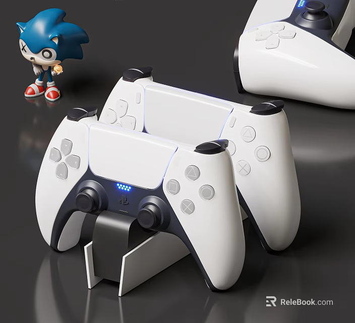 White Game Controllers as Entertainment Electronics Charging on Dock with LED Light and Sonic Figurine 3d model 