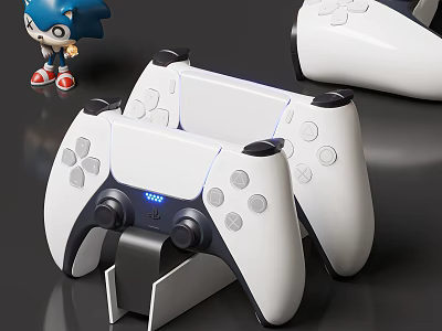 White Game Controllers as Entertainment Electronics Charging on Dock with LED Light and Sonic Figurine 3d model