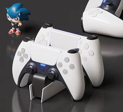 White Game Controllers as Entertainment Electronics Charging on Dock with LED Light and Sonic Figurine 3d model