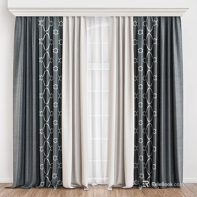 Gray And Beige Curtains With Intricate Geometric Patterns For Modern Home Decor 3d model 