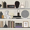 Elegant Decorative Ornament Set With Books Clock Sculpture Vase Records Radio Frame On White Shelves