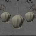 Modern Three Beige Pleated Lanterns Hanging With Soft Light Against Gray Wall 3d model
