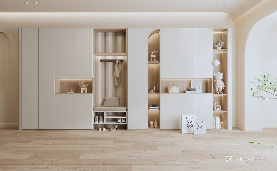 Modern Entryway Shoe Cabinet With Bench Hooks And Storage Shelves Design 3d model 