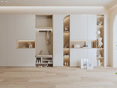 Modern Entryway Shoe Cabinet With Bench Hooks And Storage Shelves Design 3d model