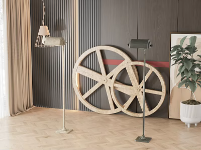 Modern Living Room Chandelier With Wooden Wheels Floor Lamps And Green Plant 3d model