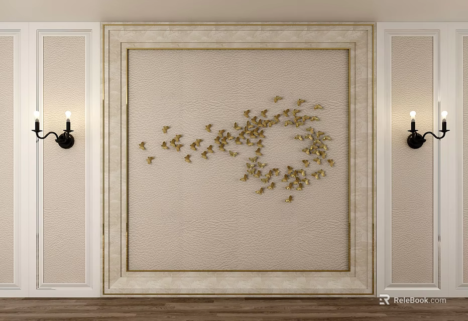 Sofa Background Wall With Beige Golden Butterfly Decorations White Frame Black Sconces And Wooden Floor 3d model 