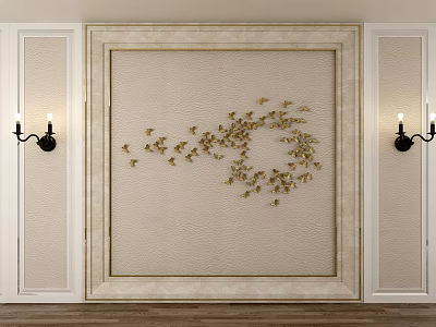 Sofa Background Wall With Beige Golden Butterfly Decorations White Frame Black Sconces And Wooden Floor 3d model