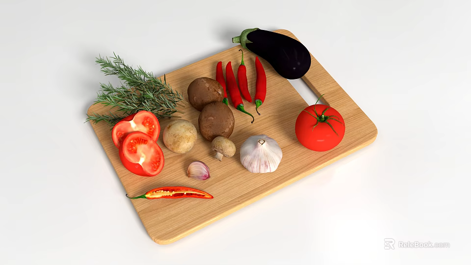Assorted Fresh Vegetables on Wooden Cutting Board with Tomato Eggplant Chili Mushrooms Garlic and Rosemary 3d model 