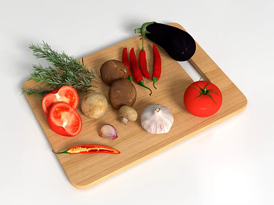 Assorted Fresh Vegetables on Wooden Cutting Board with Tomato Eggplant Chili Mushrooms Garlic and Rosemary 3d model