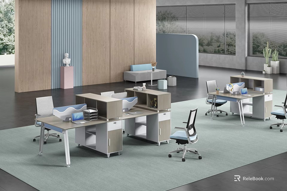 Modern Office Interior with Workstations Ergonomic Chairs Area Rug Lounge Sofa and Wooden Panel Walls 3d model 