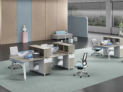 Modern Office Interior with Workstations Ergonomic Chairs Area Rug Lounge Sofa and Wooden Panel Walls 3d model