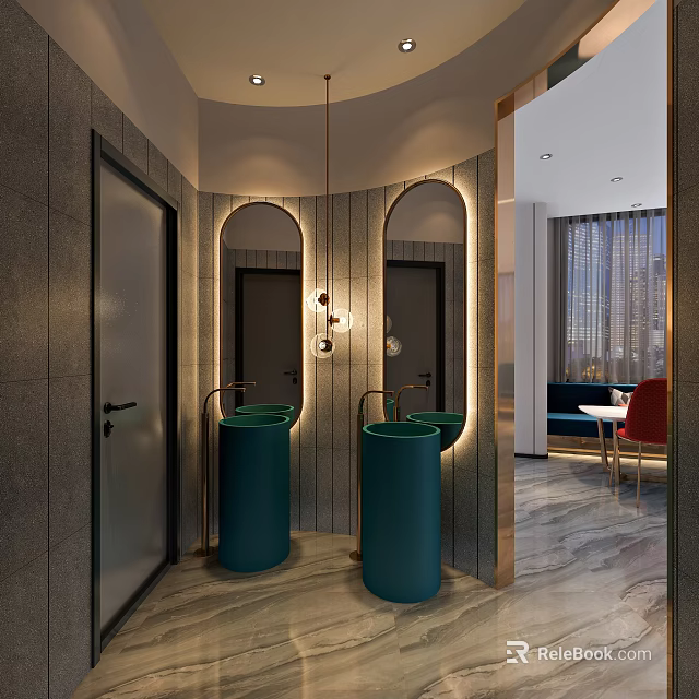 Modern Public Restroom With Arch Mirrors Green Sinks And Ambient Lighting 3d model 