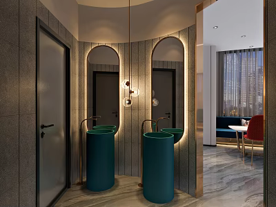 Modern Public Restroom With Arch Mirrors Green Sinks And Ambient Lighting 3d model