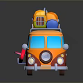 Colorful Cartoon Orange Van With Roof Rack Luggage And Red Surfboard