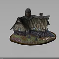 Enchanted Stone Wooden Cottage With Tiled Roof Small Tower Gravestones And Vintage Wheel